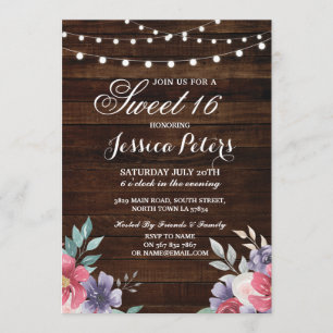 Rustic Sweet 16 Party Floral Pink Flower Invite Kaart