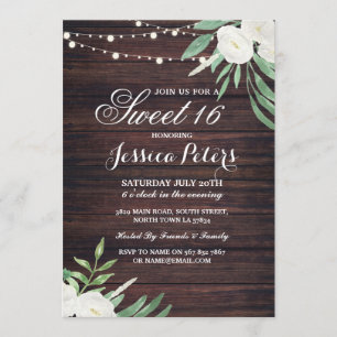 Rustic Sweet 16 Party Floral White Flower Invite Kaart