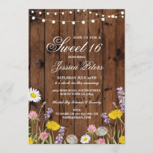 Rustic Sweet 16 Party Floral Wild Flowers Invite Kaart
