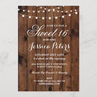 Rustic Sweet 16 Party Floral Wood Lichten Invite Kaart