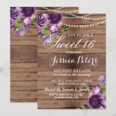 Rustic Sweet 16 Party Floral Wood Paarse Uitnodige Kaart (Voorkant / Achterkant)