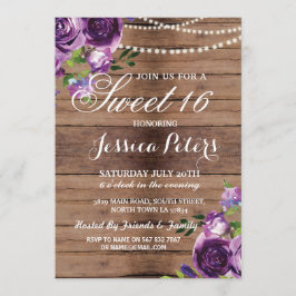 Rustic Sweet 16 Party Floral Wood Paarse Uitnodige Kaart