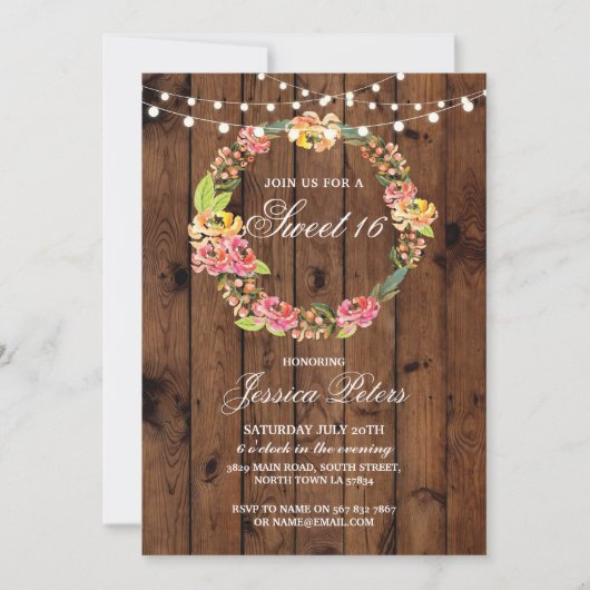 Rustic Sweet 16 Party Floral Wreath Flowers Invite Kaart (Voorkant)
