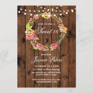 Rustic Sweet 16 Party Floral Wreath Flowers Invite Kaart