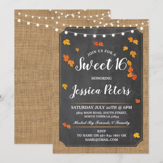 Rustic Sweet 16 Party Herfst Chalk Lights Uitnodig Kaart (Voorkant / Achterkant)