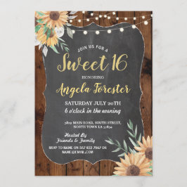 Rustic Sweet 16 Party Wood Floral Lights Sunflower Kaart