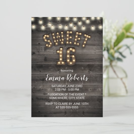 Rustic Sweet 16 String Lights Barn Wood Birthday Kaart (Staand voorkant)