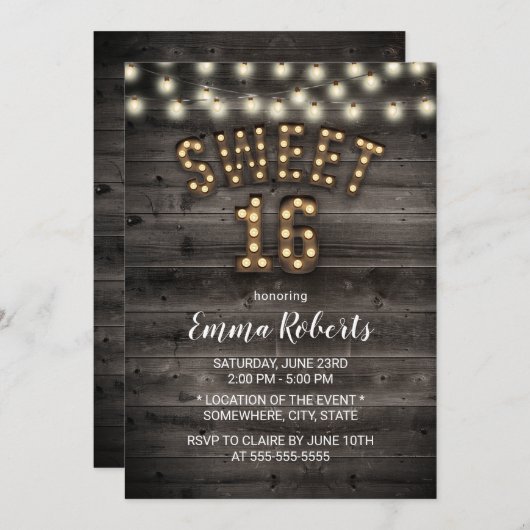 Rustic Sweet 16 String Lights Barn Wood Birthday Kaart (Voorkant / Achterkant)