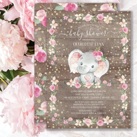 Rustic Sweet Baby Girl Elephant Baby shower Kaart