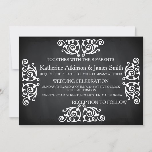 Rustic Swirl Floral Chalkboard Wedding Kaart (Voorkant)