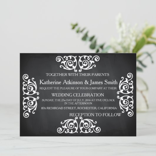 Rustic Swirl Floral Chalkboard Wedding Kaart (Staand voorkant)