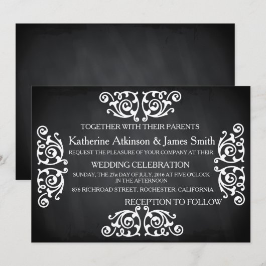 Rustic Swirl Floral Chalkboard Wedding Kaart (Voorkant / Achterkant)