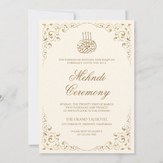 Rustic Swirl Lijst Cream and Gold Muslim Mehndi Kaart (Voorkant)