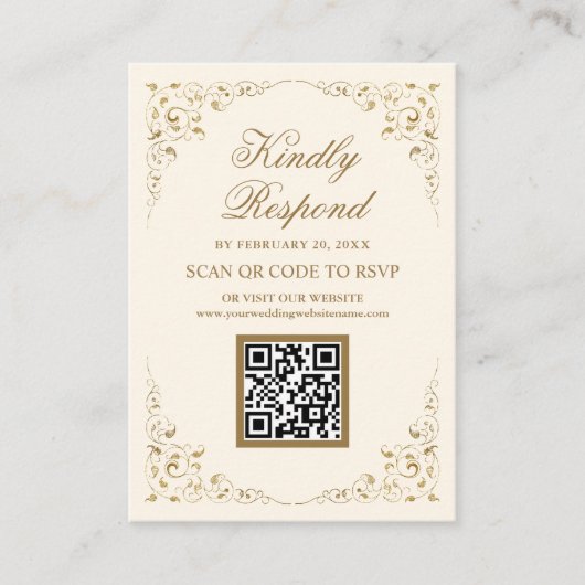 Rustic Swirl Lijst Cream Gold QR Code RSVP Weddens Informatiekaartje (Voorkant)