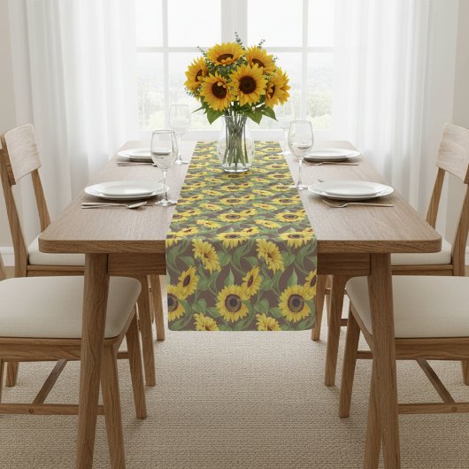 Rustic Table Runner with Sunflower Print, Brown Korte Tafelloper