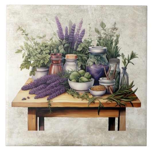 Rustic Table with Herbs Watercolors Tegeltje (Voorkant)