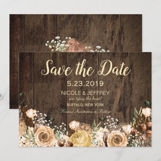 Rustic Tan Bird Wood Country Weddenschap Save the  Save The Date (Voorkant / Achterkant)