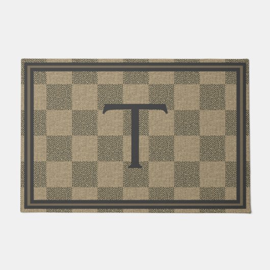 Rustic Tan Brown Buffalo Plaid Monogram Deurmat (Voorkant)