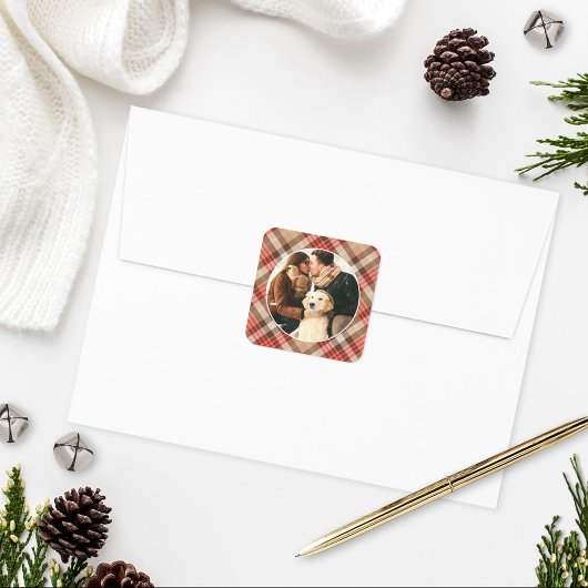 Rustic Tan en Red Tartan Pset met kerstfoto Vierkante Sticker