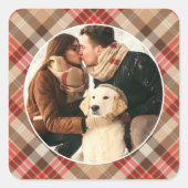 Rustic Tan en Red Tartan Pset met kerstfoto Vierkante Sticker (Voorkant)