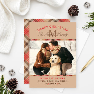 Rustic Tan Tartan Spelde kerstmonogram Foto Feestdagenkaart