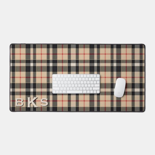 Rustic Tan White & Black Tartan Plaid Monogram Bureaumat (Keyboard & Muis)