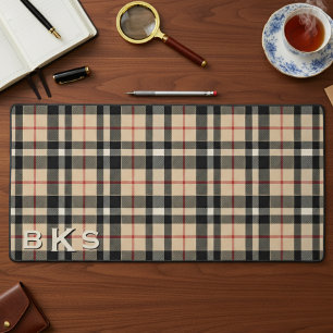 Rustic Tan White & Black Tartan Plaid Monogram Bureaumat