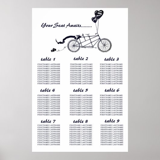 Rustic Tandem Bicycle Wedding Seating Chart Poster (Voorkant)