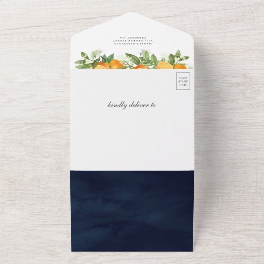 Rustic Tangerine Citrus Oranje Navy Baby shower All In One Uitnodiging (Buitenkant)