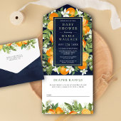 Rustic Tangerine Citrus Oranje Navy Baby shower All In One Uitnodiging
