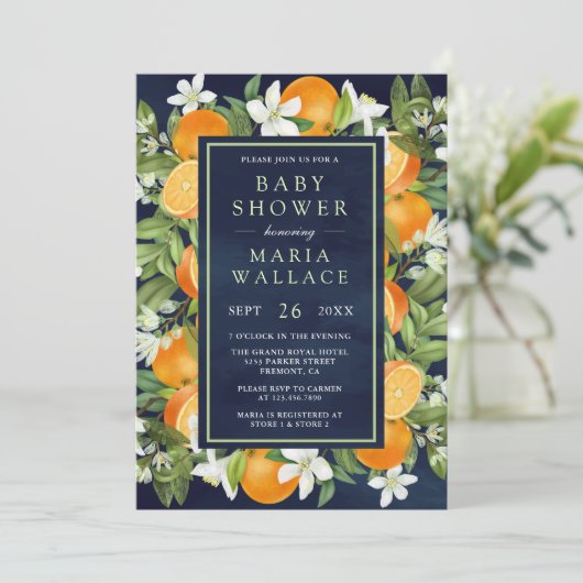 Rustic Tangerine Citrus Oranje Navy Baby shower Kaart (Staand voorkant)