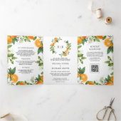 Rustic Tangerine Citrus Oranje QR Code Trouwfeest Drieluik Uitnodiging (Binnen)