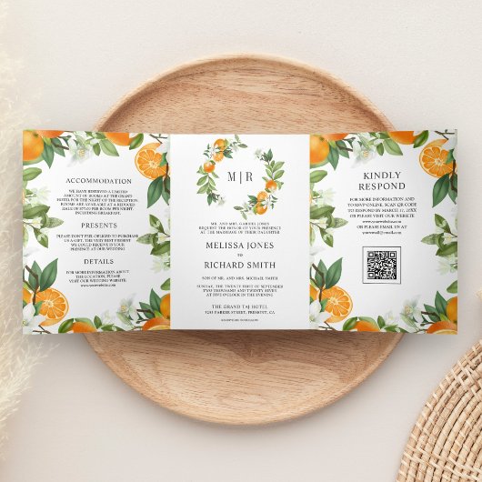 Rustic Tangerine Citrus Oranje QR Code Trouwfeest Drieluik Uitnodiging