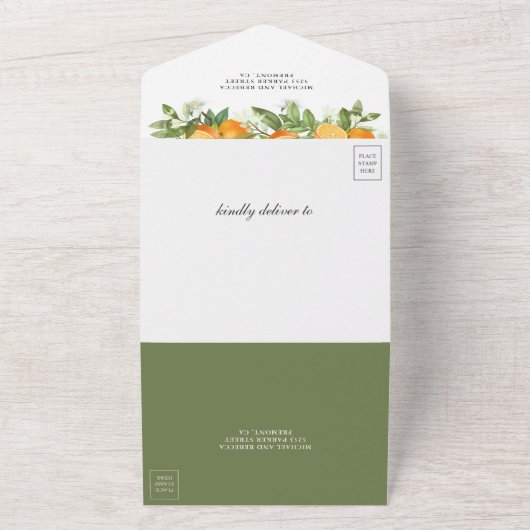 Rustic Tangerine Citrus Oranje Wedding All In One Uitnodiging (Buitenkant)