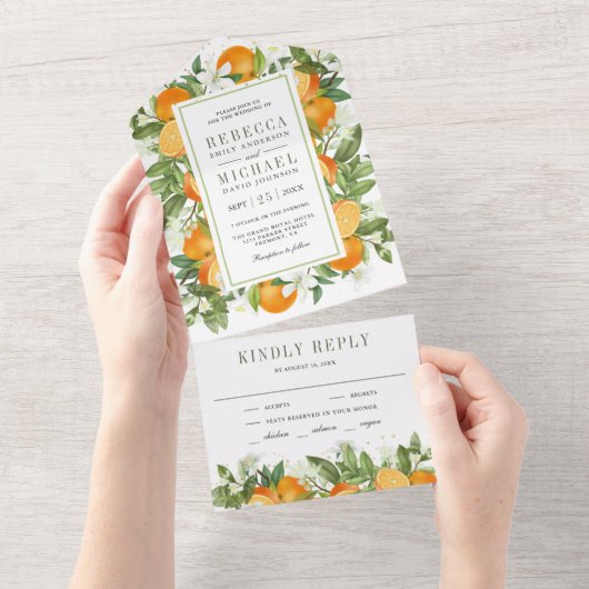 Rustic Tangerine Citrus Oranje Wedding All In One Uitnodiging (Afscheurbaar)