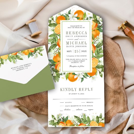 Rustic Tangerine Citrus Oranje Wedding All In One Uitnodiging