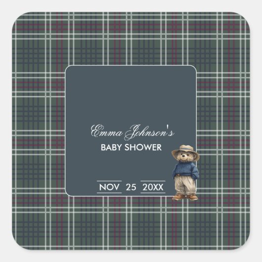Rustic Tartan Beer Baby shower Vierkante Sticker (Voorkant)