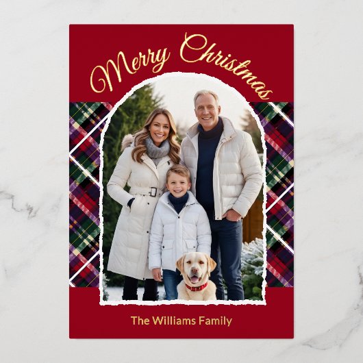 Rustic Tartan Plaid Arch Foto Vrolijk Kerstfeest Folie Feestdagenkaart (Voorkant)