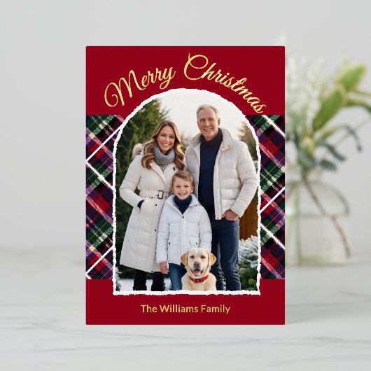 Rustic Tartan Plaid Arch Foto Vrolijk Kerstfeest Folie Feestdagenkaart (Staand Voorkant)