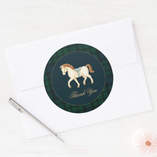 Rustic Tartan Plaid Horse Baby Shower Ronde Sticker (Envelop)