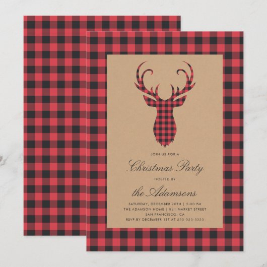 Rustic Tartan Plaid Rendier Christmas Party Kaart (Voorkant / Achterkant)