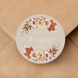 Rustic Taupe Fall leves Happy Thanksgiving Ronde Sticker