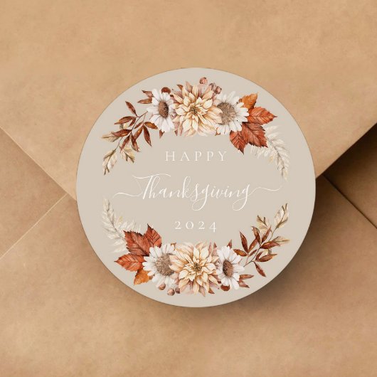 Rustic Taupe Fall leves Happy Thanksgiving Ronde Sticker