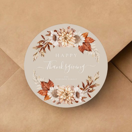Rustic Taupe Fall leves Happy Thanksgiving Ronde Sticker