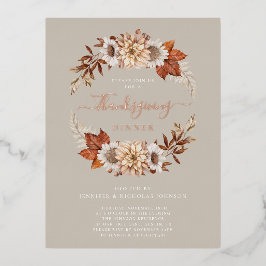 Rustic Taupe Herfst Floral Thanksgiving Folie Uitnodiging Briefkaart