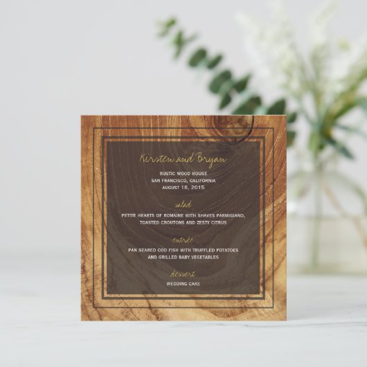 Rustic Teak Wood Foto Modern Weddenschap Menu (Staand voorkant)