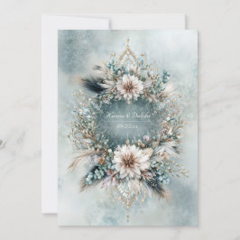 Rustic Teal Blue Feather White Floral Wedding Kaart