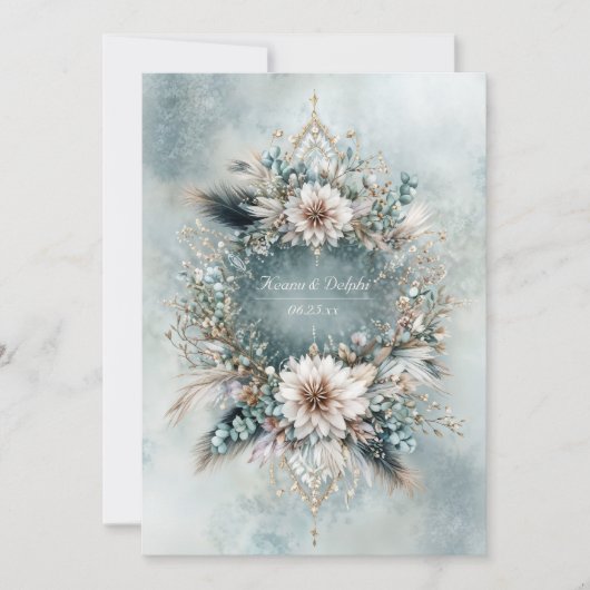 Rustic Teal Blue Feather White Floral Wedding Kaart (Voorkant)