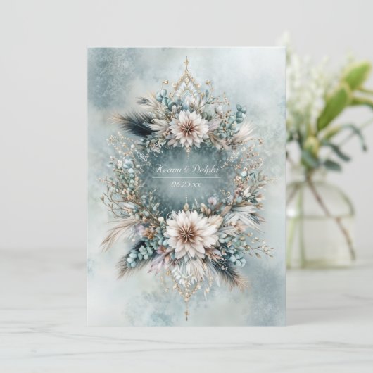 Rustic Teal Blue Feather White Floral Wedding Kaart (Staand voorkant)