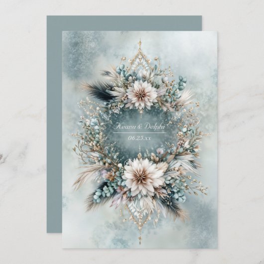 Rustic Teal Blue Feather White Floral Wedding Kaart (Voorkant / Achterkant)